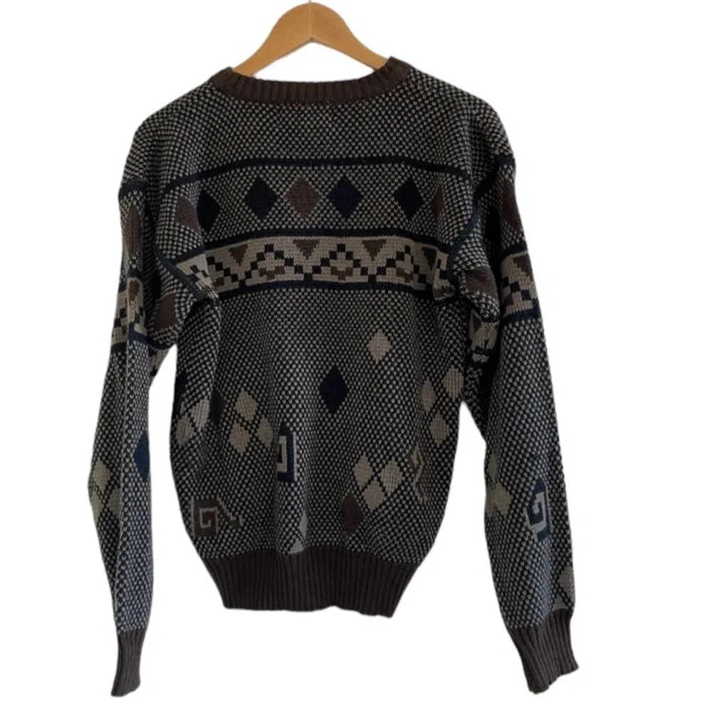 Jon 1 E | Vintage grandpa sweater brown knit with leather patches size m…